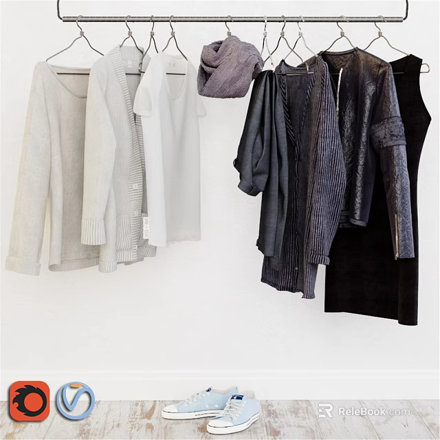 Hanging Clothes Collection with White Gray and Dark Sweaters Tops and Coats 3d model 