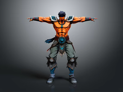 3D Warrior Character Design With Muscular Bare Chest Blue Orange Accents And Quiver 3d model
