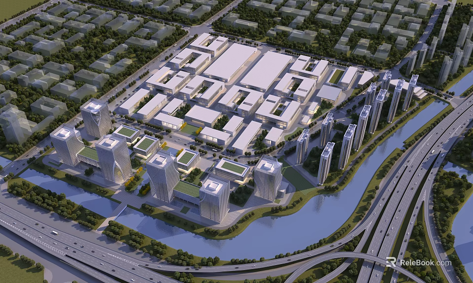 Aerial Planning of Urban Development With Modern Buildings Roads Green Spaces and River 3d model 