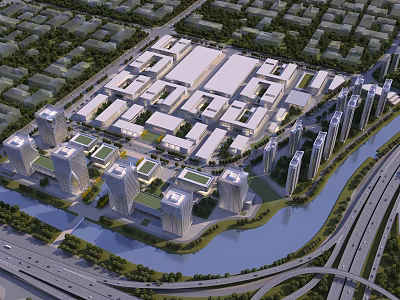 Aerial Planning of Urban Development With Modern Buildings Roads Green Spaces and River 3d model