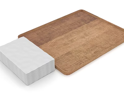 Natural Wooden Serving Tray With Stack Of White Paper Towels 3d model