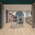 Modern Specialty Store Interior Featuring Pink Shelves Various Products Wooden Walls Large Windows and Plants