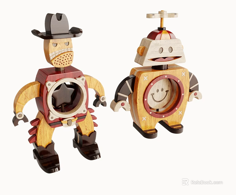 Wooden Cowboy And Robot Dolls With Unique Designs 3d model 