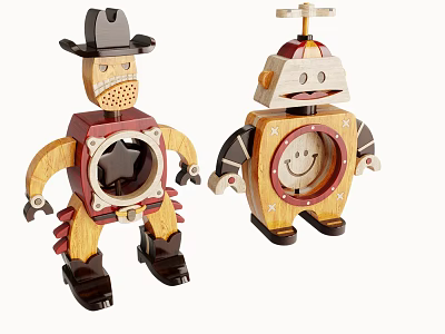 Wooden Cowboy And Robot Dolls With Unique Designs 3d model