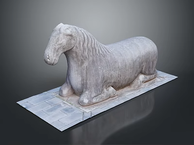 Detailed Carved Reclining Stone Horse Statue on Flat Stone Slab Base 3d model