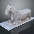 Detailed Carved Reclining Stone Horse Statue on Flat Stone Slab Base