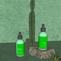 Green Skincare Serum Bottles With Cactus Aloe Vera And Stone Base