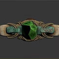 Unique Curved Wooden Chandelier With Green Gemstone And Ornate Decorative Top