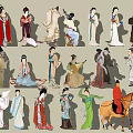 Ancient Historical People In Traditional Costumes With Various Poses Including Riding