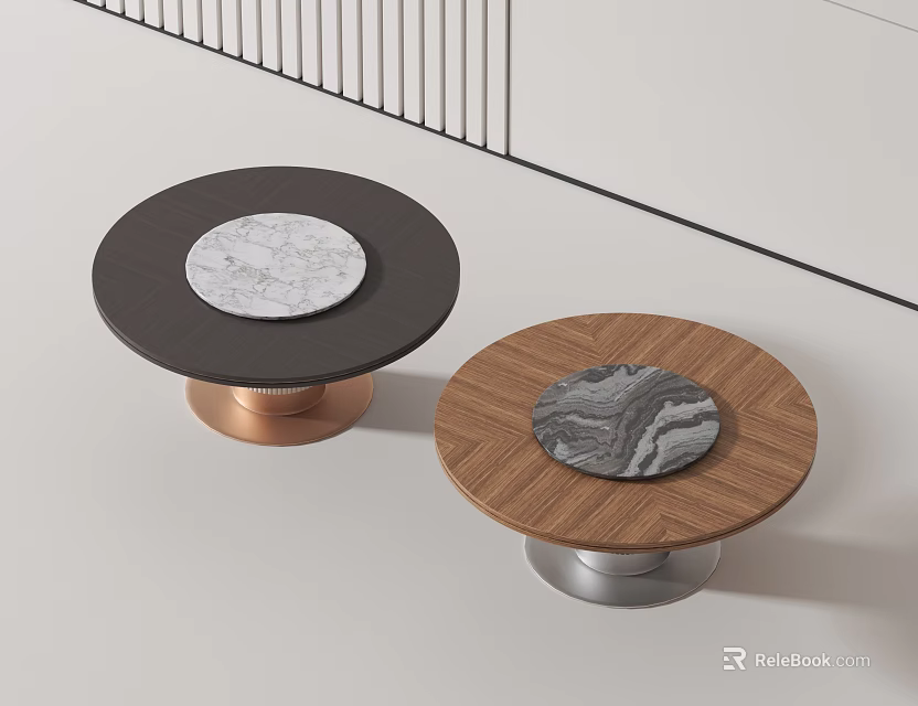Contemporary Round Dining Tables With Black Wooden Tabletop And Marble Inlay On Copper Silver Bases 3d model 