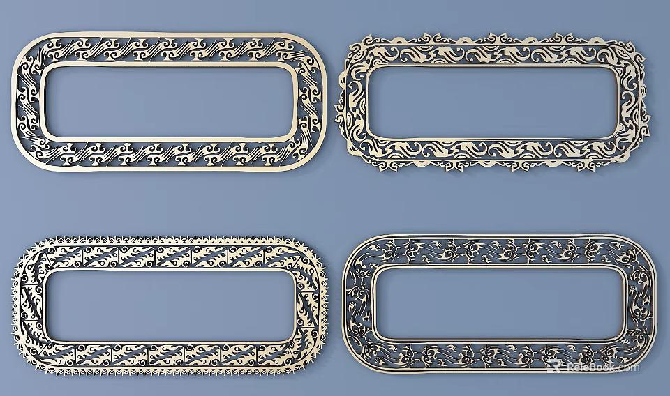 Ornate Carved Frames With Gold And Dark Patterns On Light Blue Background 3d model 