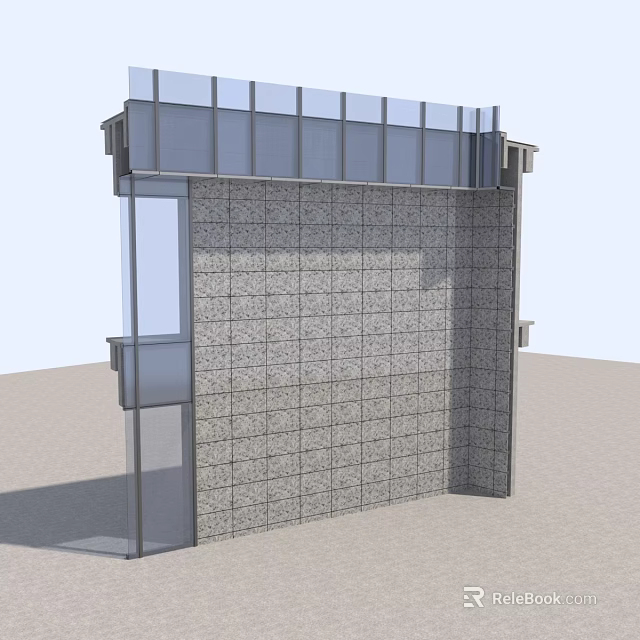 Textured Grid Pattern Building Wall With Glass Panel And Top Structure 3d model