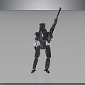Mechanical Robot Character Standing With Rifle And Red Detail In Metallic Design