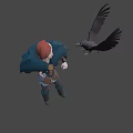 Game Movie Character Red Haired Female With Cloak Standing With Flying Eagle Against Blue Background