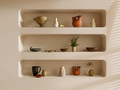 Various Ceramic Vessels Displayed on Built in Shelves with Beige Wall Potted Plant and Dried Flowers 3d model