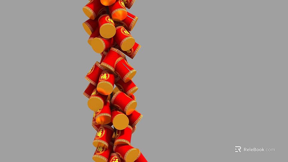Traditional Red Firecrackers String With Golden Ends For Festive Decoration 3d model