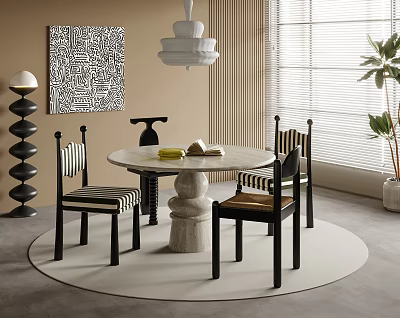Modern Round Dining Table Set With Stone Base Striped Chairs And Pendant Light 3d model