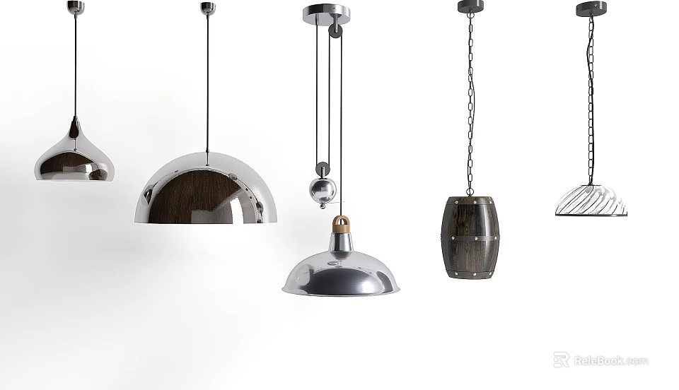 Various Modern Pendant Lights with Metallic Finishes and Wooden Accents in Different Shapes 3d model 