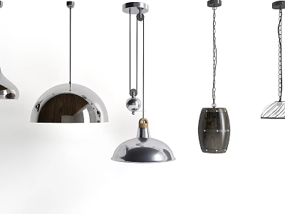 Various Modern Pendant Lights with Metallic Finishes and Wooden Accents in Different Shapes 3d model