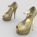 Gold Textured Peep Toe High Heels With Ankle Strap And Stiletto Heel