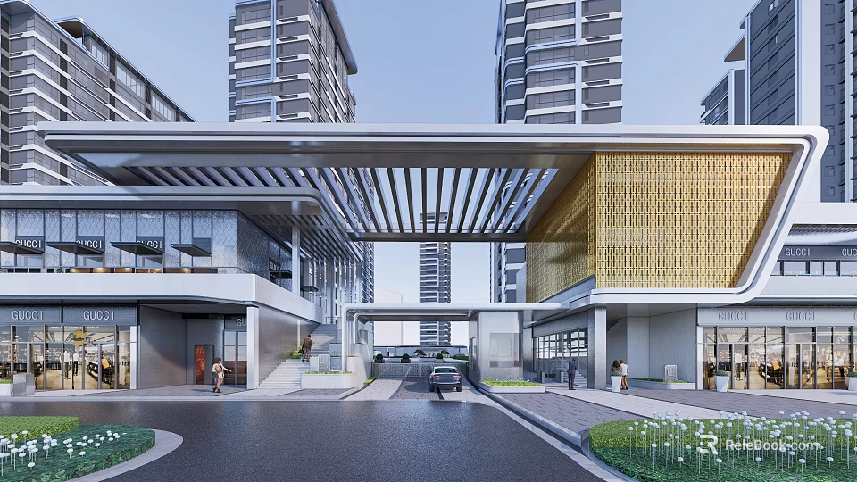 Modern High Rise Residential Landscape With Wooden Lattice Walkway Entrance Area And Greenery Pathway 3d model 