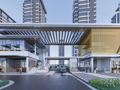 Modern High Rise Residential Landscape With Wooden Lattice Walkway Entrance Area And Greenery Pathway 3d model