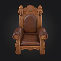 Antique Carved Wooden Chair With Leather Upholstered Seat And Ornate Armrests