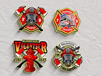 Firefighter Volunteer Department Logos Featuring Fire Axe Helmet Truck And Hydrant Elements 3d model