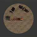Circular Sand Platform With Damaged Orange And Brown Vehicles And Black Smoke