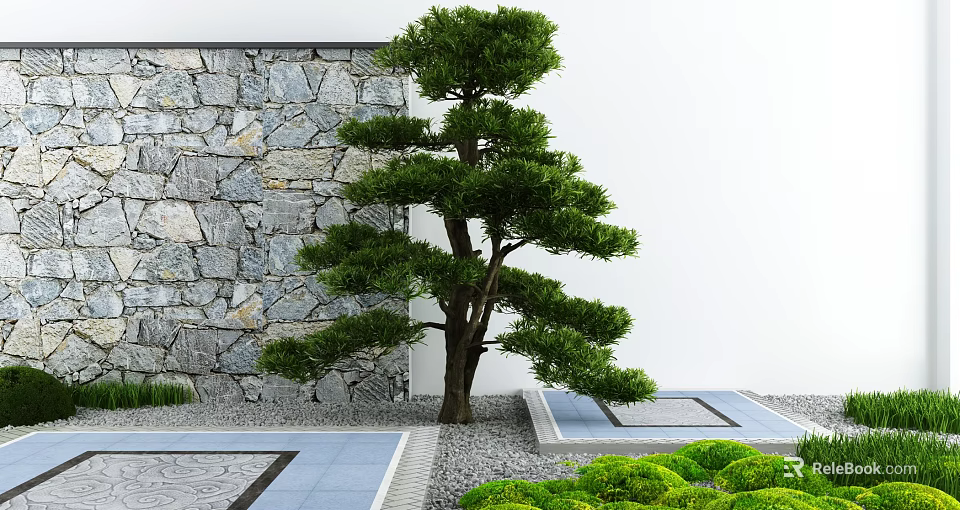 Garden Courtyard Design With Stone Wall Pine Tree Path And Green Shrubs 3d model
