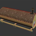 Wooden Barrel Structure With Tile Covered Roof And Black Chimney Stand