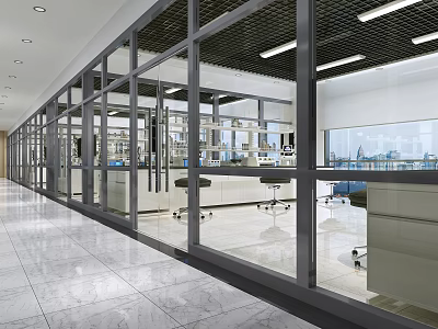 Contemporary Public Office Space With Glass Partitions Marble Flooring And City View Windows 3d model
