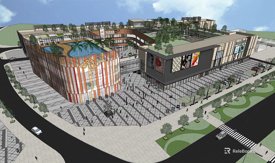 Modern Commercial Street With Colorful Striped Buildings Busy Plaza Fountain And Greenery 3d model 