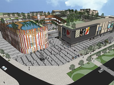 Modern Commercial Street With Colorful Striped Buildings Busy Plaza Fountain And Greenery 3d model