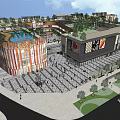 Modern Commercial Street With Colorful Striped Buildings Busy Plaza Fountain And Greenery