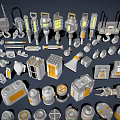Industrial Equipment Parts in Gray with Orange Details Including Hoists Lights and Wheels