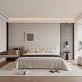 Modern Bedroom Interior With Upholstered Bed Artwork Window Blinds Rug And Potted Plant