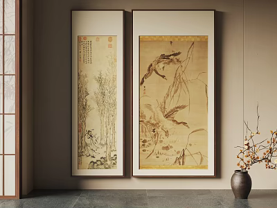 Traditional Chinese Landscape Paintings As Interior Wall Decor With Vase 3d model