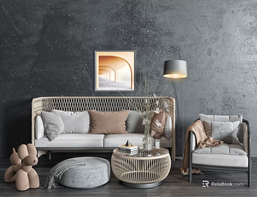 Rattan Sofa Coffee Table Set with Beige Gray Cushions Armchair Floor Lamp Decor and Ottoman 3d model 