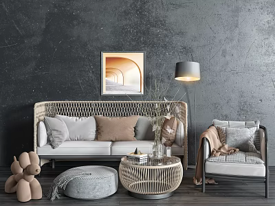 Rattan Sofa Coffee Table Set with Beige Gray Cushions Armchair Floor Lamp Decor and Ottoman 3d model