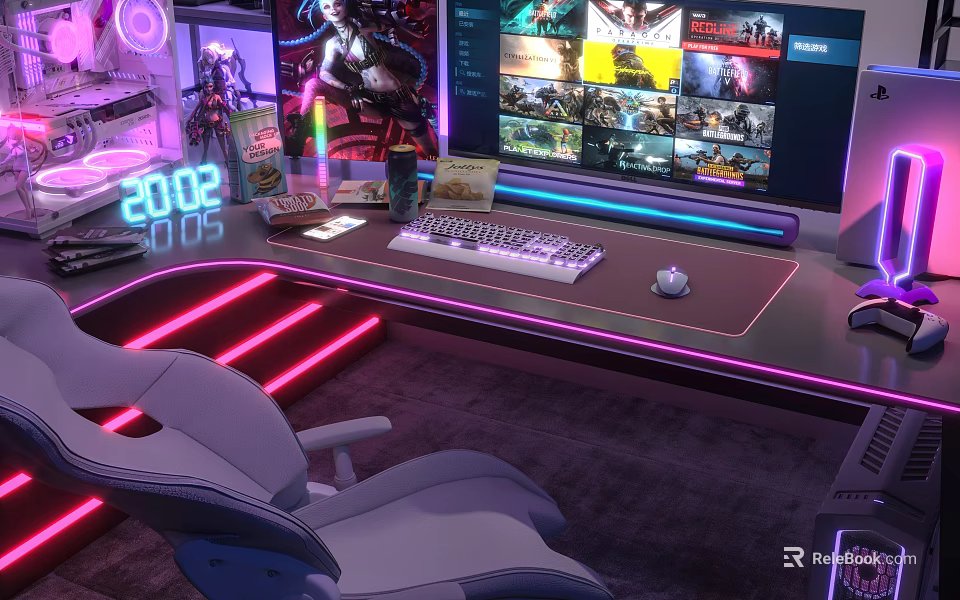 Gaming Entertainment Desk with Multiple Monitors Showing Game Screens Neon Lights and Gaming Chair 3d model 
