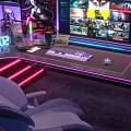 Gaming Entertainment Desk with Multiple Monitors Showing Game Screens Neon Lights and Gaming Chair