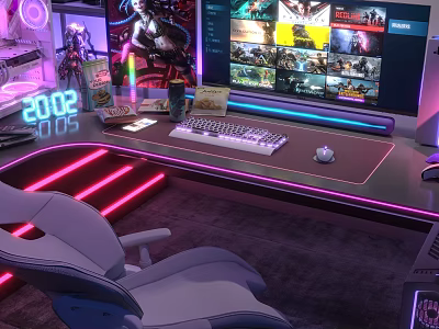 Gaming Entertainment Desk with Multiple Monitors Showing Game Screens Neon Lights and Gaming Chair 3d model