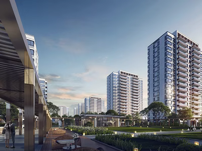 Modern High Rise Residential Buildings With Green Landscaping And Recreational Community Areas 3d model