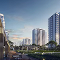 Modern High Rise Residential Buildings With Green Landscaping And Recreational Community Areas