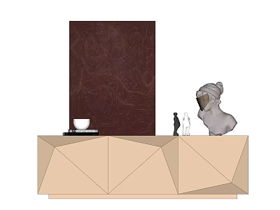 Light Brown Geometric TV Stand With Sculpture Figurines And Decorative Backdrop 3d model