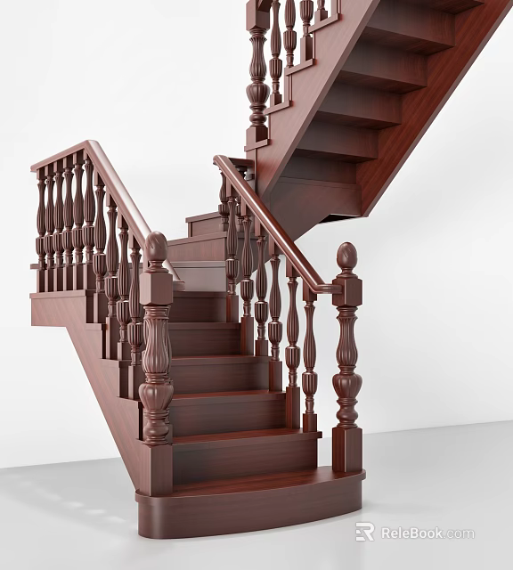 Traditional Wooden Staircase With Ornate Handrail Carved Balusters And Steps 3d model 