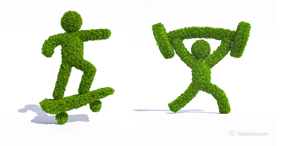Creative Shrub Topiary Sculptures Depicting Skateboarding And Weightlifting Figures 3d model 