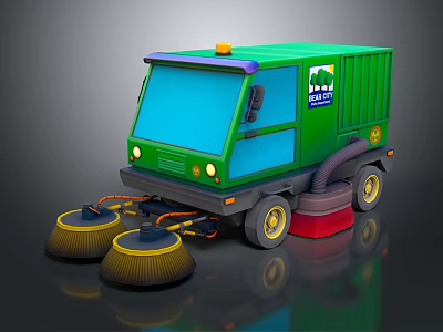 Green Street Sweeper Truck With Blue Windows Yellow Sweeping Brushes City Clean Logo And Warning Light 3d model