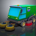 Green Street Sweeper Truck With Blue Windows Yellow Sweeping Brushes City Clean Logo And Warning Light